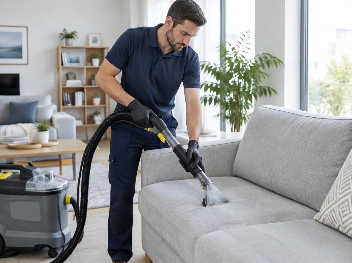 Profissional limpando um sofá com equipamento de extração